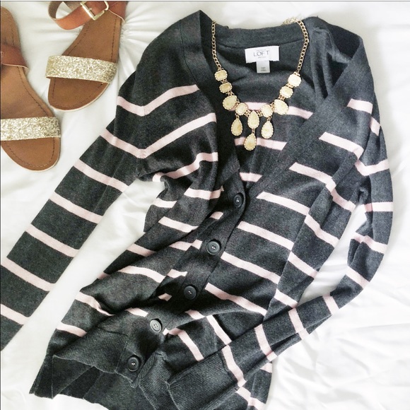 LOFT Sweaters - LOFT Pink & Gray Striped Cardigan